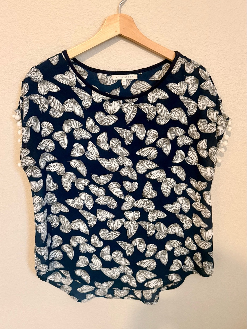 Navy Butterfly 🦋 Pom Pom Sleeve Print Silk Top Blouse with Trim